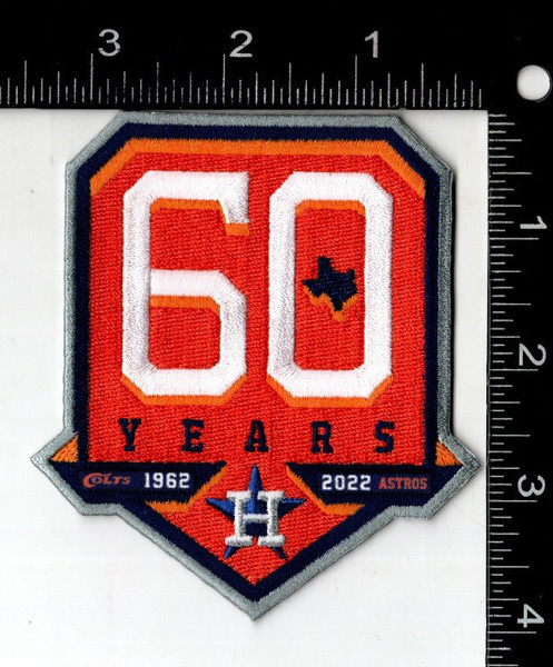 Houston Astros 60th Anniversary 1962-2022; Sublimation / Embroidery On Twill + Tetoron; Knife Cut to Shape; Collector Patch Backing (UPC # 818437036611)