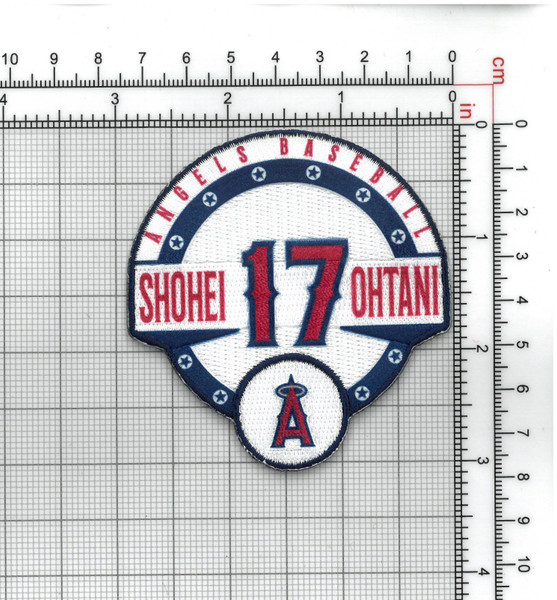 Los Angeles Angels-Player Badge #17 FanPatch (MLBPA); 3" Tall; Sublimation / Embroidery; Knife Cut to Shape; 4220 Heat Seal Backing w/Pressure Sensitive Strip (UPC# 818437032750)