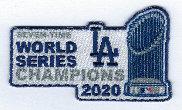 Los Angeles Dodgers 2020 WS Champions - Trophy Envy FanPatch; 3" Wide; Sublimation / Embroidery; Knife Cut to Shape; 4220 Heat Seal Backing w/PS Strip (UPC# 818437033986)