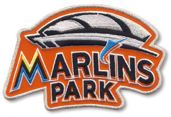 Marlins Park Inaugural 2012 (Home); 5" Wide x 4 1/2" Tall; 70% Embroidery on Orange Twill; Die Cut to Shape; Collector Patch Backing (UPC # 813300013379)