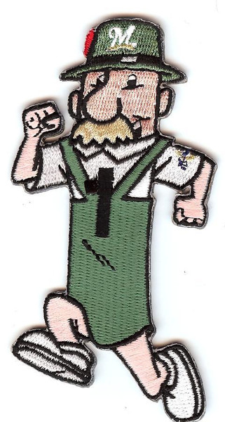 Milwaukee Brewers Sausage 1; Brett Wurst; 4 1/4" Tall x 2 1/4" Wide;100% Embroidery/Knife Cut to Shape;Full Pressure Sensitive Backing/Cut to Shape/No MLB Label (UPC # 813300015083)