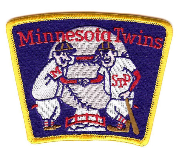 Minnesota Twins Shaking Hands; Retro; 4.25" Wide; 100% Embroidery; Overlock Border; Collector Patch Backing (UPC # 858230001997)