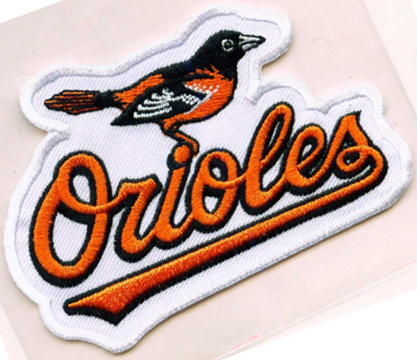 Baltimore Orioles Primary Logo,4" Wide,White Twill w/Stitched Border,40% Embroidery/Die Cut to Shape,Collectors Patch Backing (UPC # 813300010873)