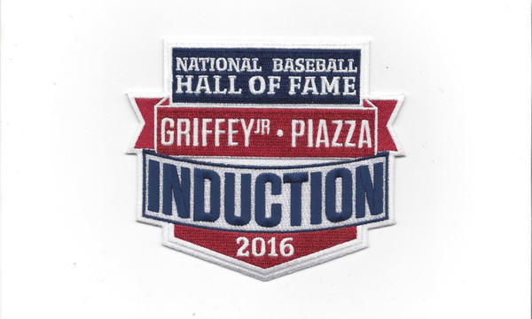 National Baseball Hall of Fame Induction 2016, Griffey, Jr & Piazza, 3 13/16" Tall x 4 1/2" Wide, 100% Embroidery, Knife-cut to Shape, 4220 Heat Seal w/ PS Strip (PACKAGED) (UPC # 813300018701)
