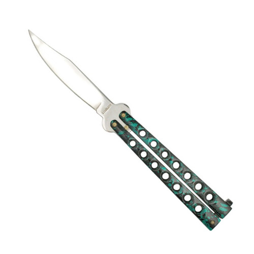 Low Cost Green Butterfly Knife w/ Holes, Satin Clip Point Blade