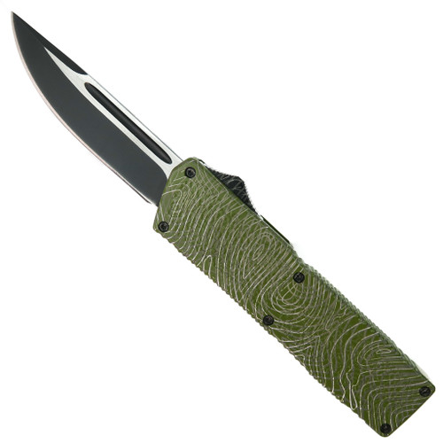 Lightning OD Green Topo Sample OTF Automatic Knife, Black Drop Blade