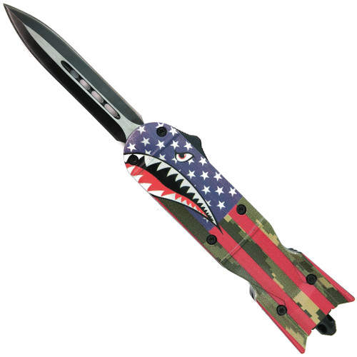 The Bomb OTF Red Flag Automatic Knife, Two-Tone Blade