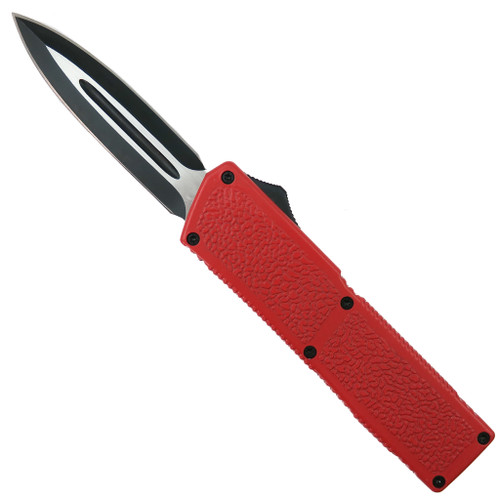 Lightning Red OTF Automatic Knife, Black Dagger Blade