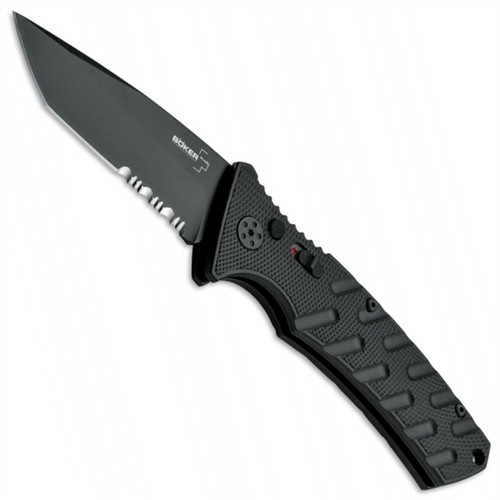 Boker Plus Strike Auto Knife, D2 Black Combo Tanto Blade
