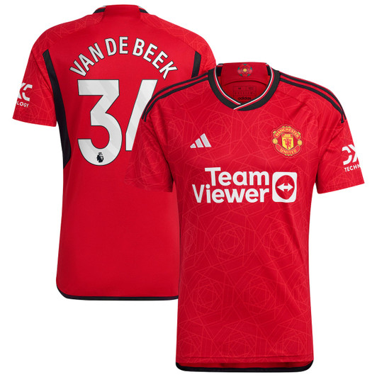 Manchester United Home Shirt 2023-24 with Van De Beek 34 printing-Red