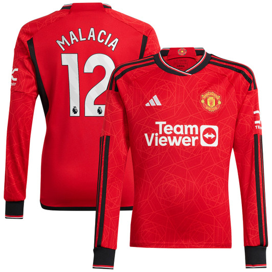 Manchester United Home Shirt 2023-24 Long Sleeve with Malacia 12 printing-Red