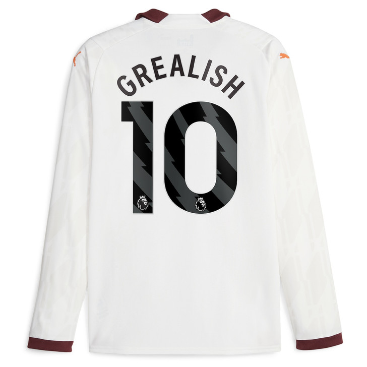 Manchester City Away Shirt 2023-24 Long Sleeve with Grealish 10 printing-White