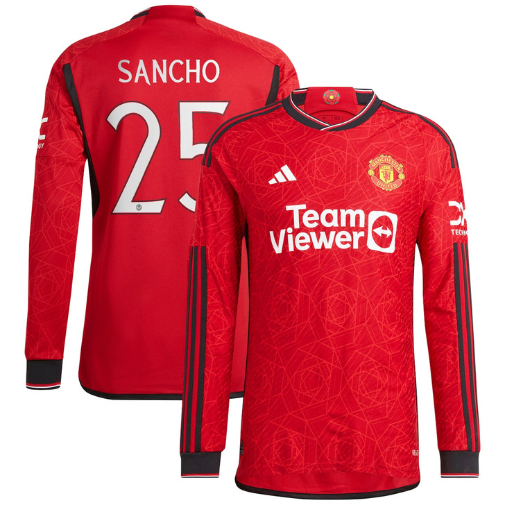 Manchester United Cup Home Authentic Shirt 2023-24 Long Sleeve with Sancho 25 printing-Red