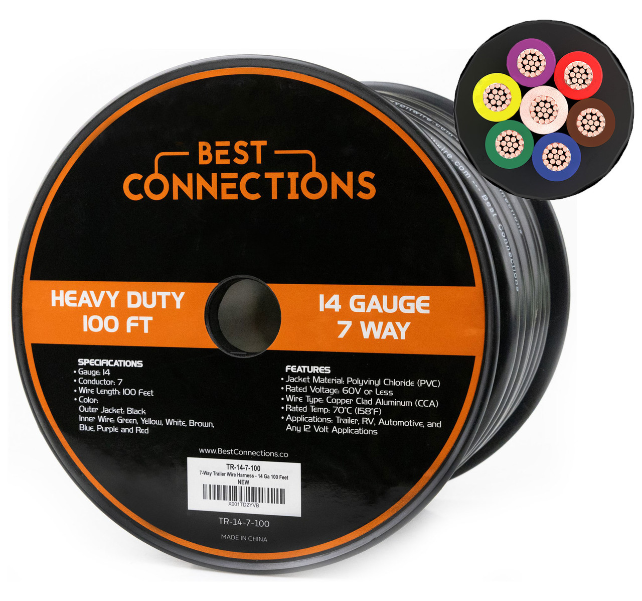 BEST CONNECTIONS Heavy Duty 14 Gauge 7 Way Trailer Wire (100 Feet