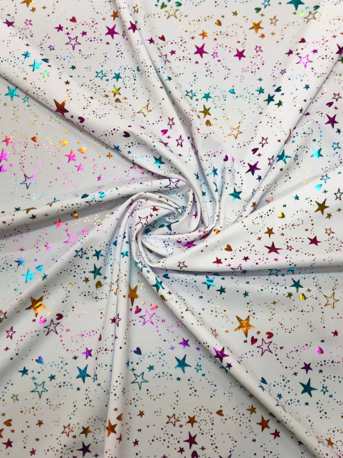 Small Multi Color Foil Stars and Hearts on White Nylon Spandex Knit Fabric