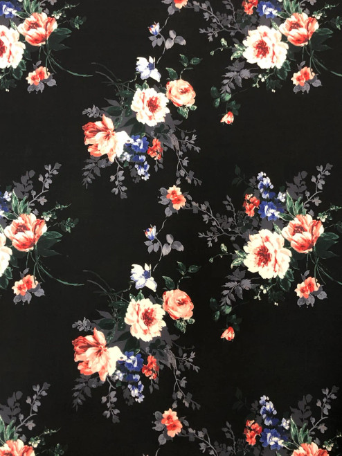 Big Floral Print on Black Polyester Spandex 2 way Stretch Fabric