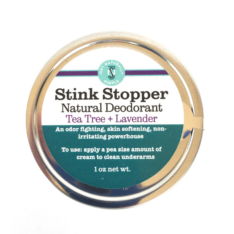 1 oz Tea Tree + Lavender Stink Stopper Natural Deodorant by JNS Skincare. Highly effective, non-irritating, cruelty-free.