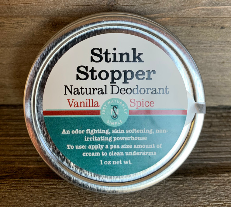 1 oz size Vanilla + Spice Stink Stopper Natural Deodorant by JNS Skincare. Highly effective, non-irritating, and cruelty-free.