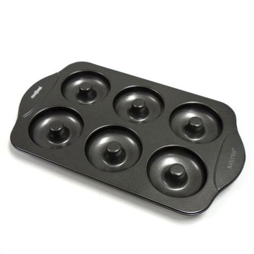 Nonstick donut pan with 6 cavities for perfectly shaped standard size donuts; measuring 3.5”/9cm each