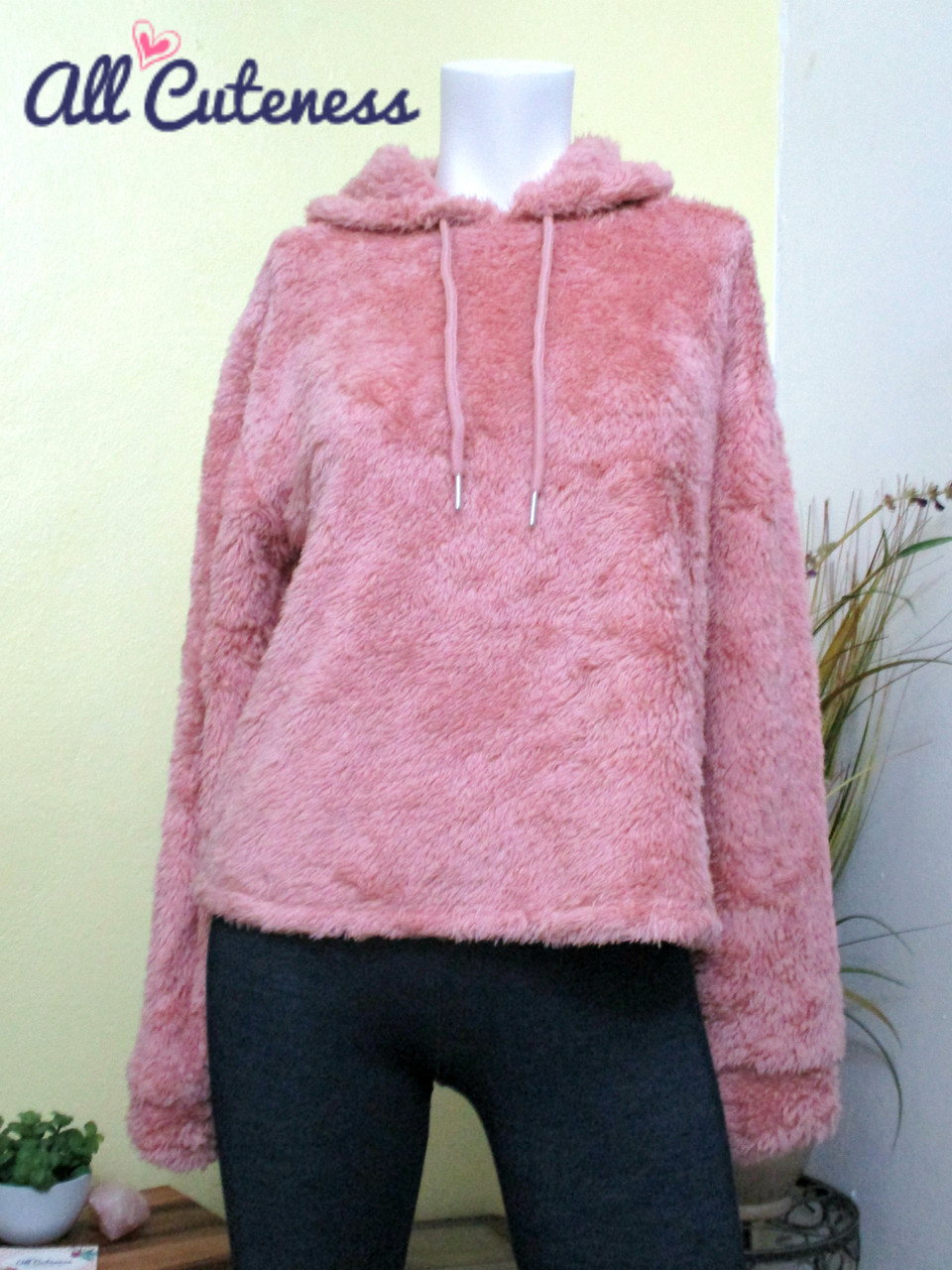 Women s Pink Faux Fur Pullover Soft Hoodie All Cuteness