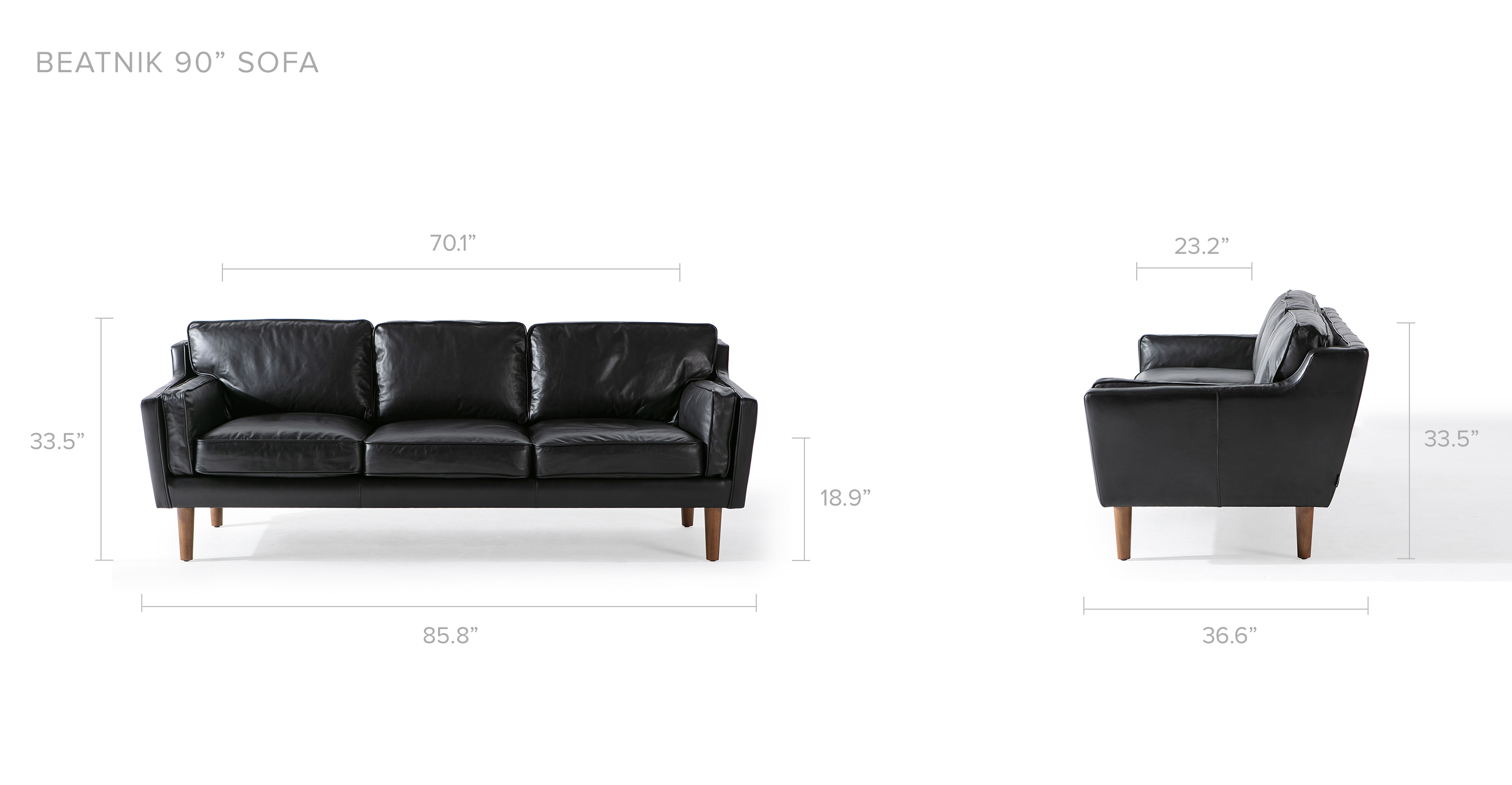 Overall Dimension Width 85.8" x Depth 36.6" x Height 33.5" Dimension Floor to seat height 18.9" Seat Dimension   Inside Width 70.1" x Depth 23.2"