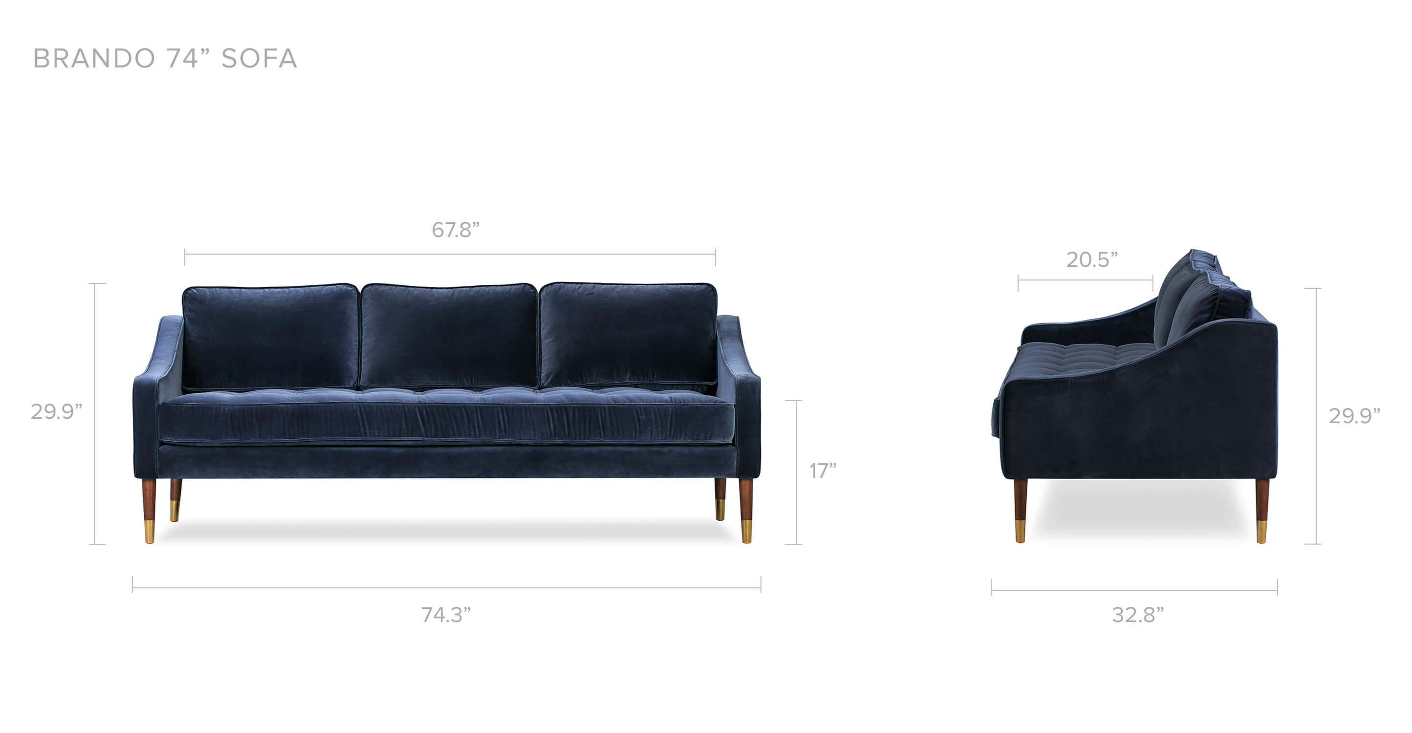 Brando 74" Fabric Sofa with Admiral Blue Velvet