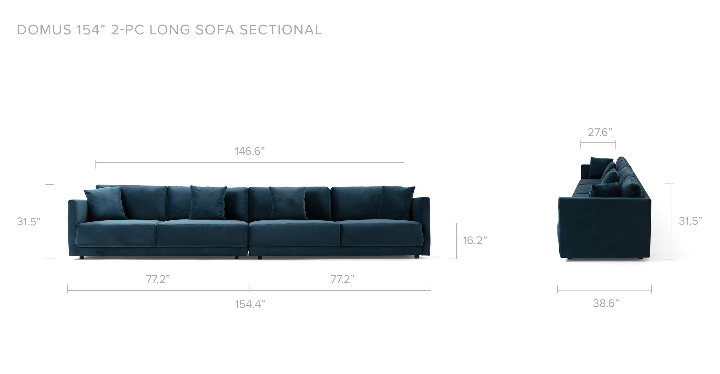 Petrol Velvet Sectional Domus 154" 2-pc Long Sofa