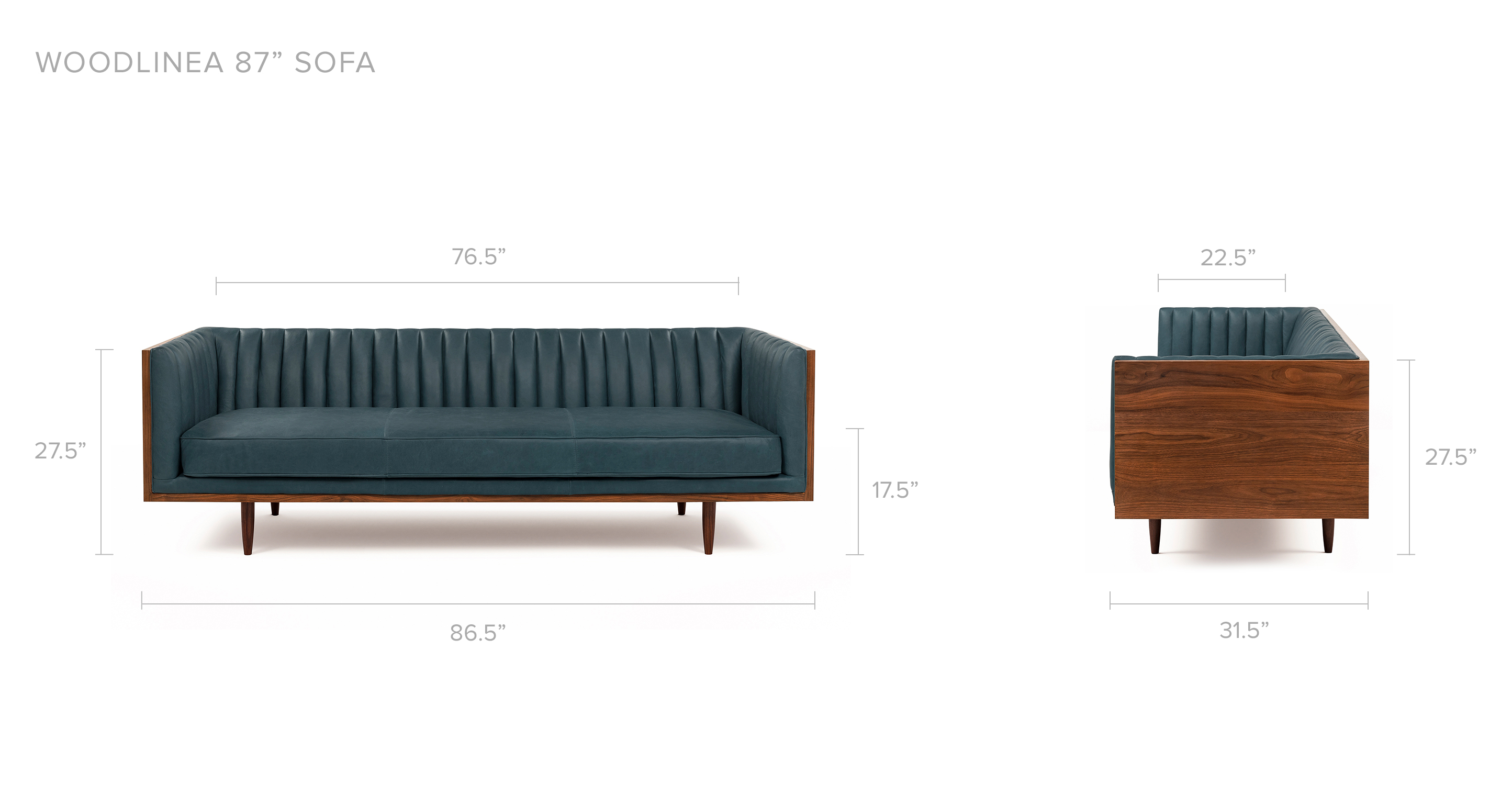 Walnut/Midnight Blue Woodrow Linea 87" Leather Sofa