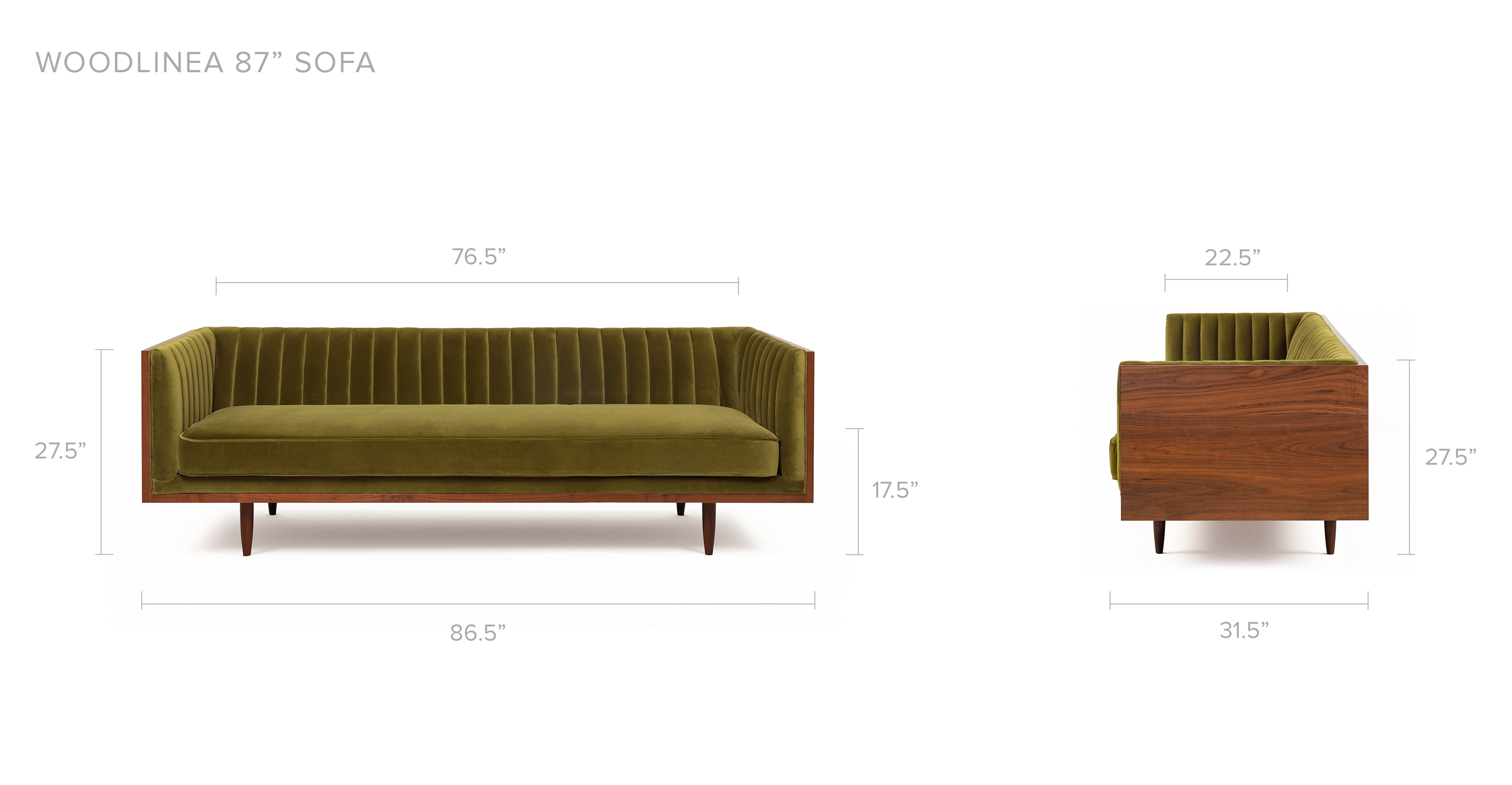 Walnut/Guac Velvet Woodrow Linea 87" Fabric Sofa