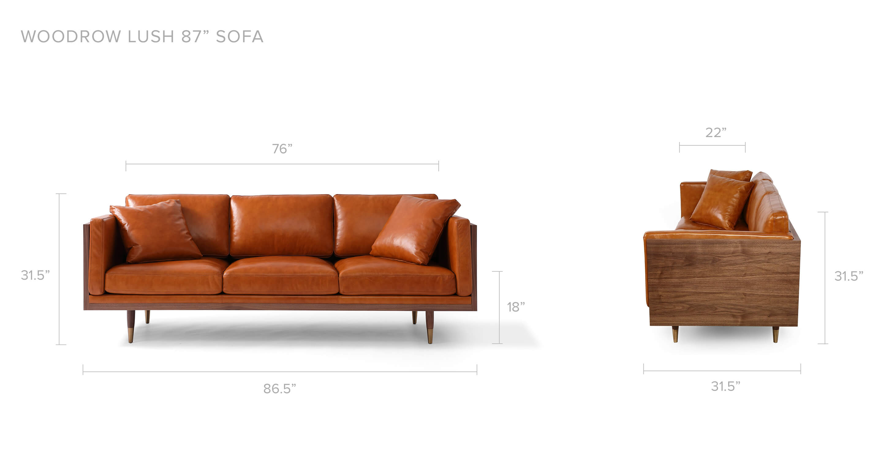 Woodrow Lush 87" Leather Sofa Walnut Tan Aniline