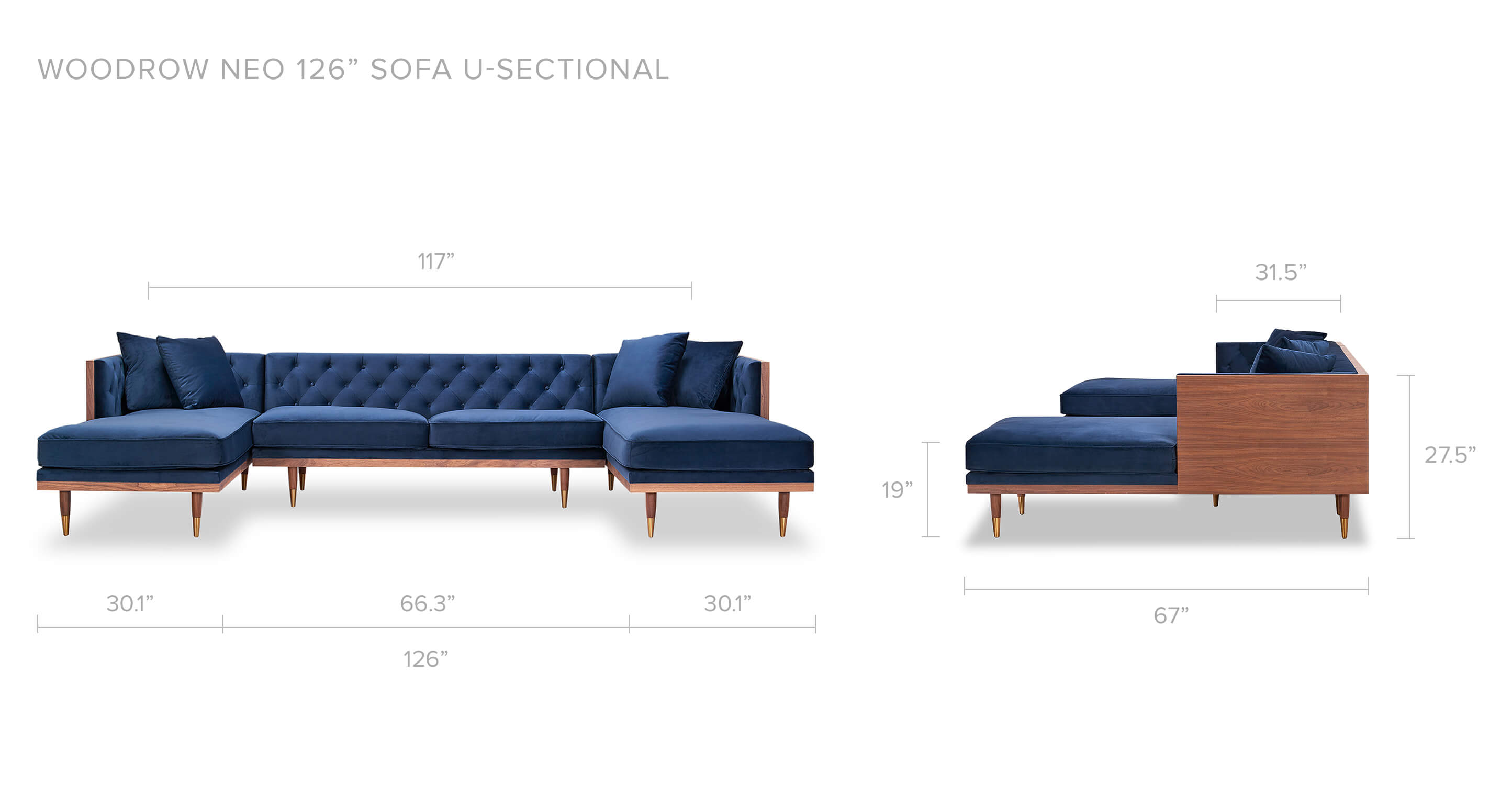Persian Velvet Woodrow Neo 126" Modern U Sectional Sofa