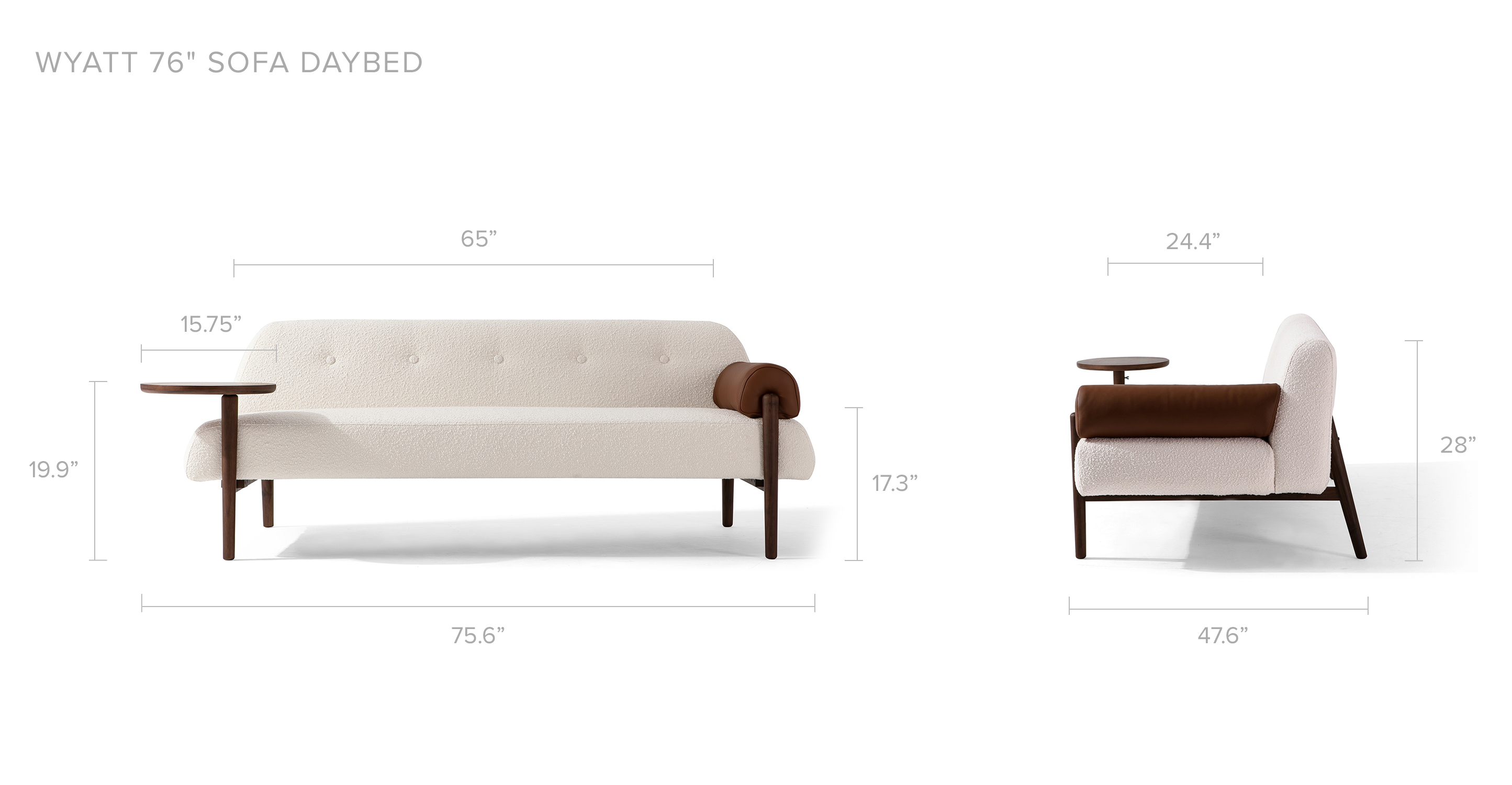 Overall Dimension Width 75.6" x Depth 47.6" x Height 28" Dimension Floor to seat height 16.5"; Floor to table top height 19.9" Seat Dimension Inside Width 65" x Inside Depth 24.4" Table Top Table Top 15.75" in diameter Packaging Details 75” x 34” x 2