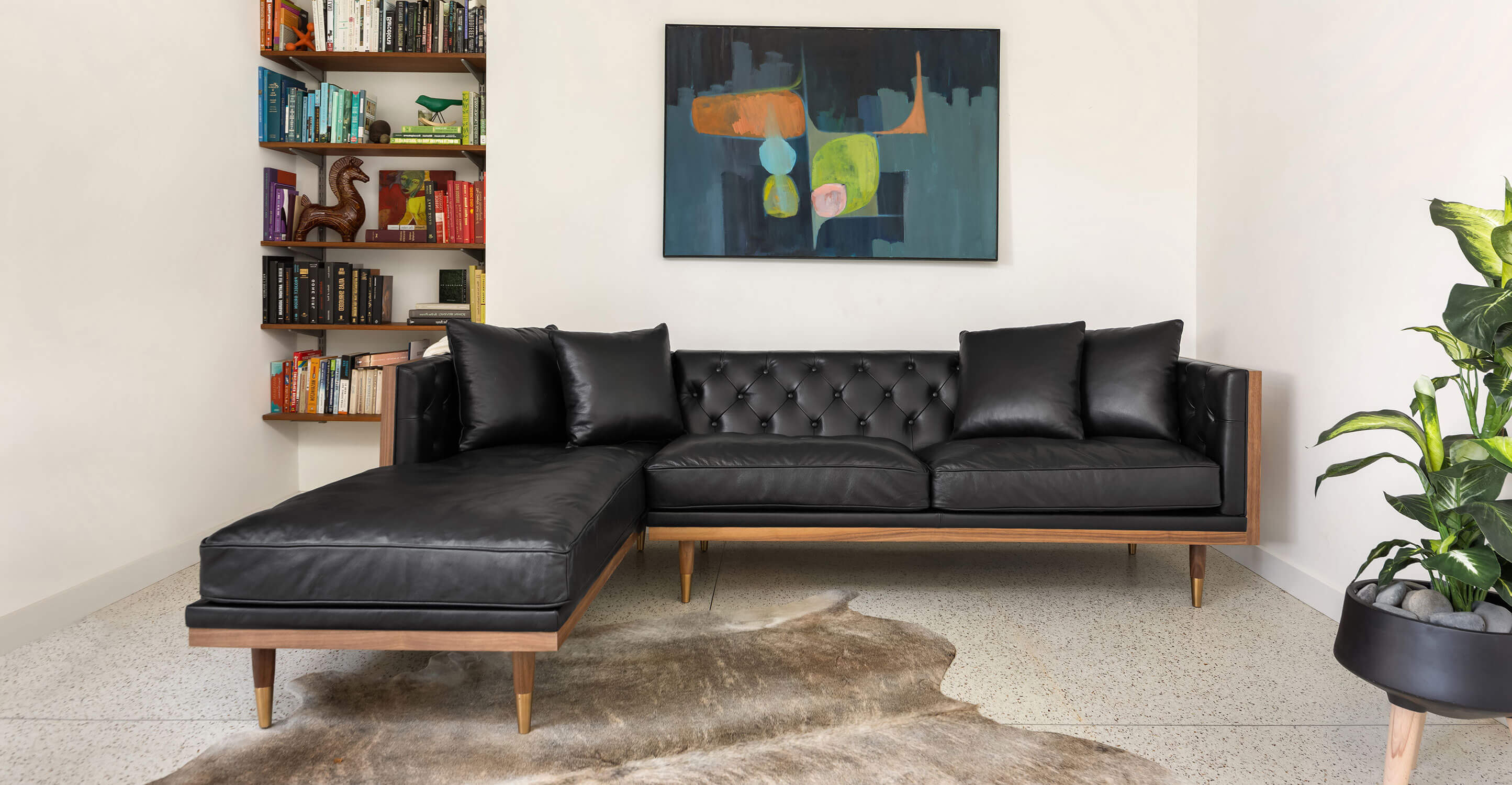 Kardiel Woodrow Midcentury Modern Box Sofa Sectional Left, White Aniline Leather/Walnut