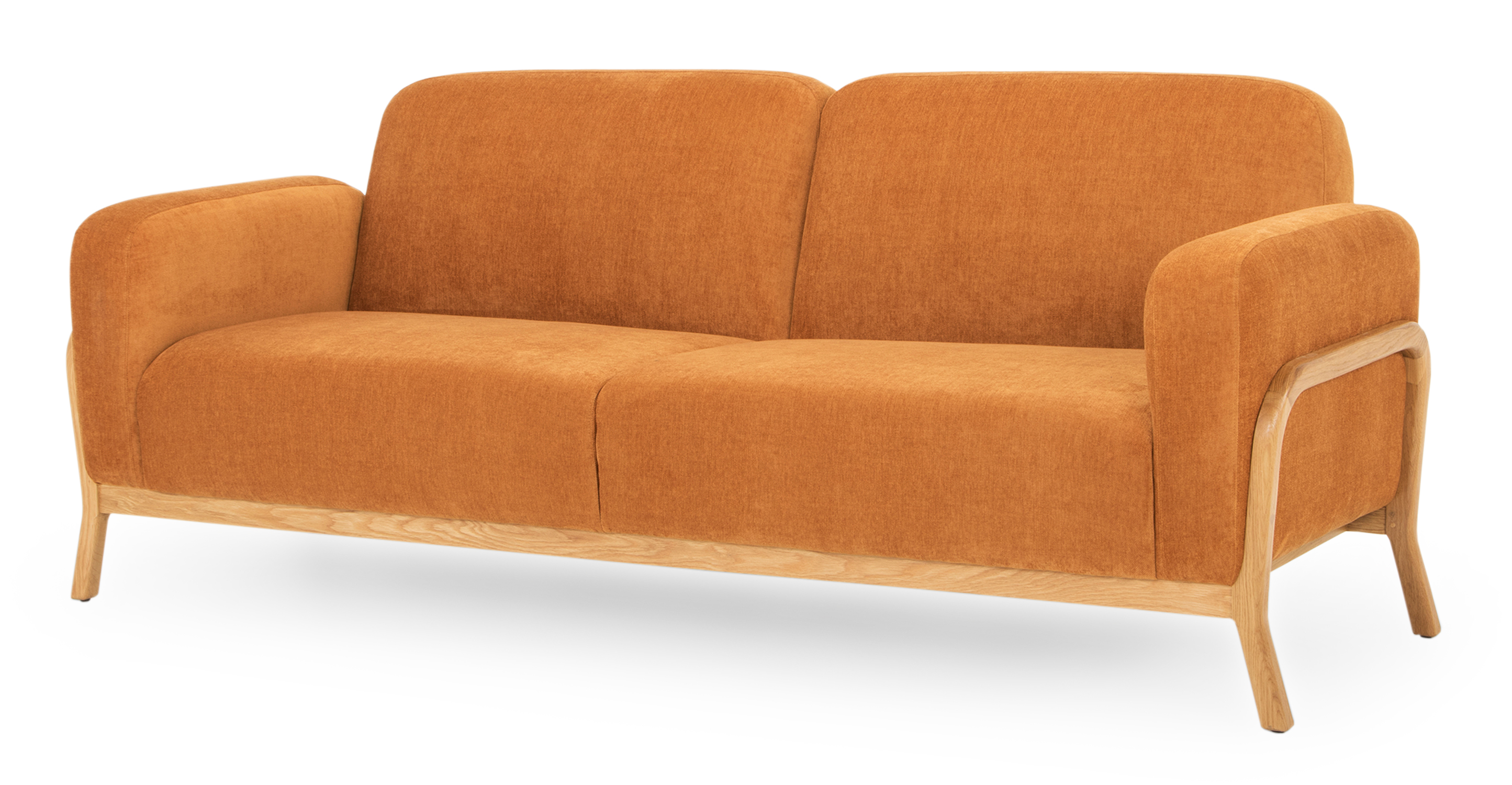 Cabbie is a Retro modern sofa in orange fabric. Features intricately curved solid Oak full wooden frame and legs. The sofa is fully upholstered , comes with fixed back and seat cushions and rounded corners, which mirrors its natural wood accents. (Front)