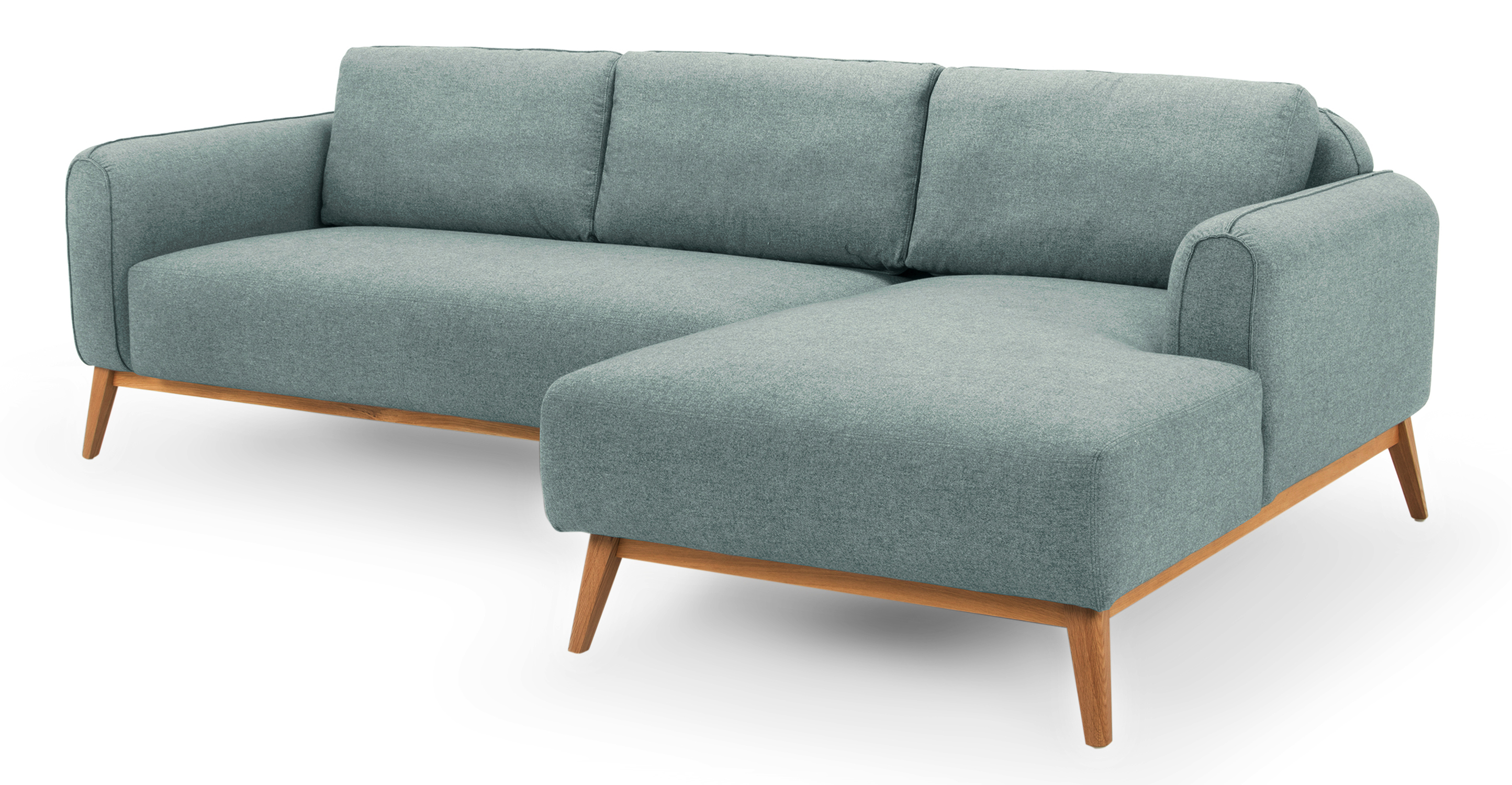 Pigeon Metro 4 sectional have full stuffed sofa appearance cushion. The arms, back, and seat cushions are affixed and 100% upholstery. Feel is modern and fun. The frame is exposed wood with slanted legs. 
