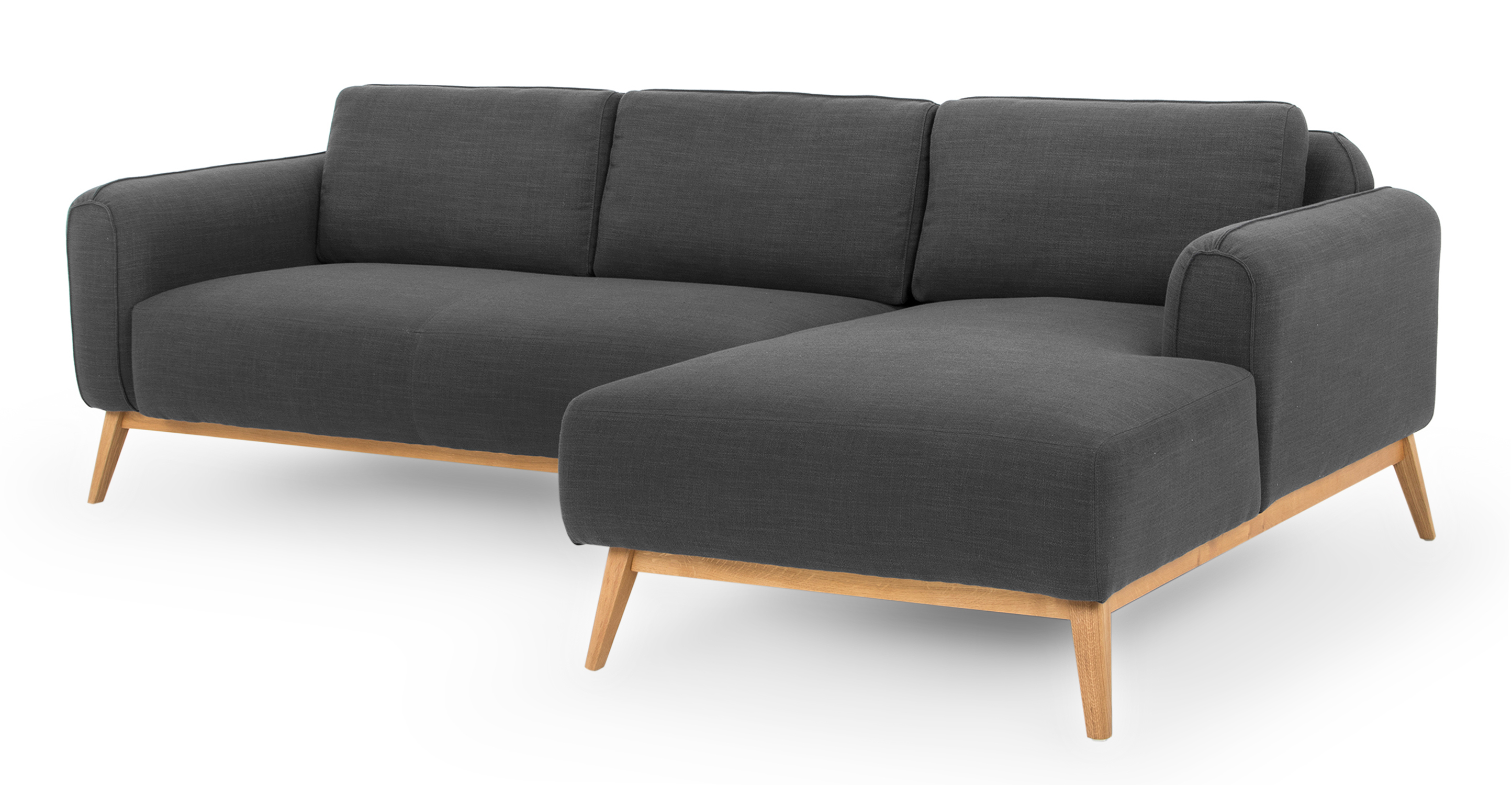 Colossus Metro 4 sectional have full stuffed sofa appearance cushion. The arms, back, and seat cushions are affixed and 100% upholstery. Feel is modern and fun. The frame is exposed wood with slanted legs. 