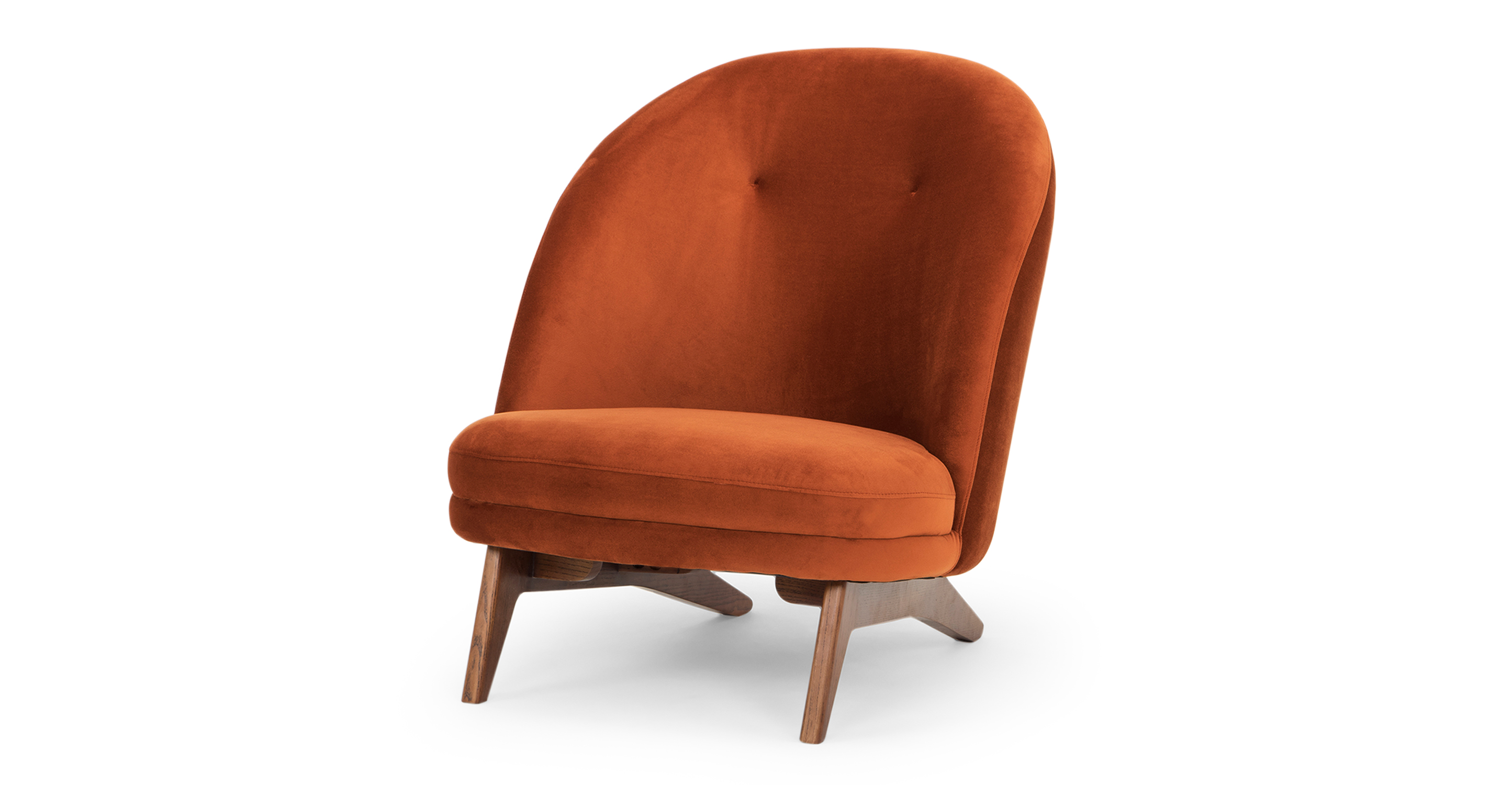 Leon chair with rounded back with two tufted and flat piped seat. Walnut angled frame.