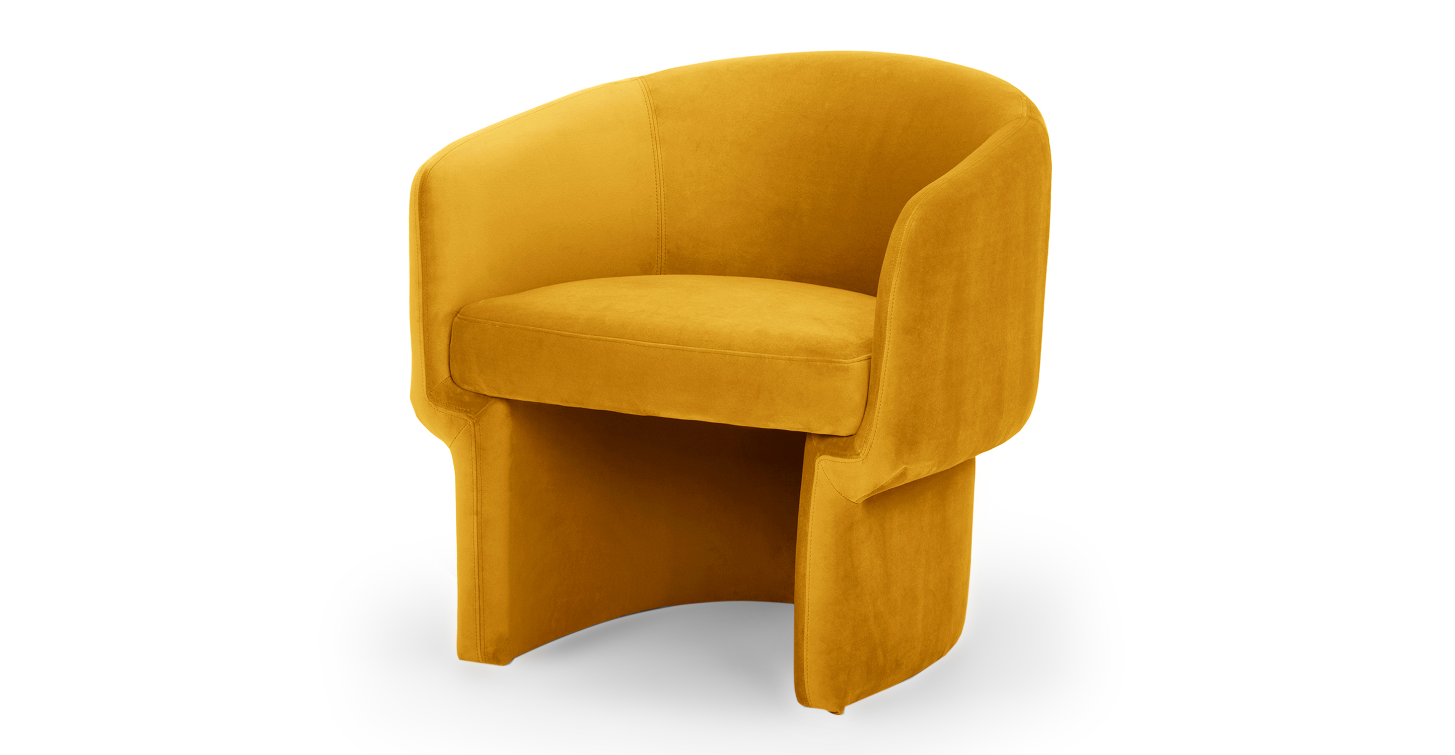 Ovie Armchair is 100% upholstered with rounded back and the arm walls taper in under the seat and support the seat. The base is a floor profile that is open in the front. The center is rounded and hollowed.