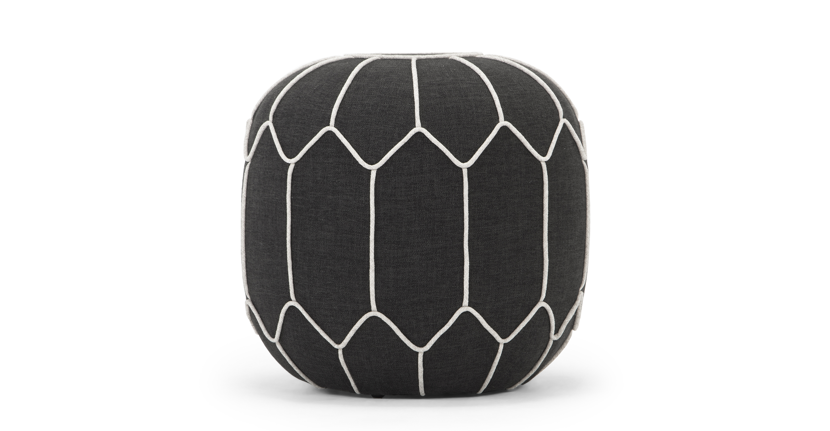 Mosaic Ottoman has a contrasting piping pattern circle at the top of the ottoman in the center. From the circle piping connection lines wrap around the ottoman and join each other, creating an organic pleasing pattern.