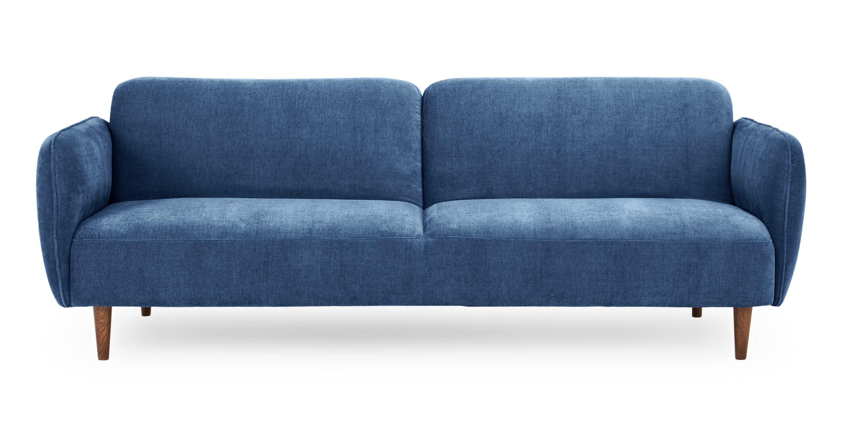 The Omer Shadow Blue is a sleek and modern sofa sleeper. The cushions are all smooth and affixed. The back is on hinges that allow it to stop at various level in decline, the very furthest back making the sofa into a bed. The sofa is raised and the feet are tapered and wooden.