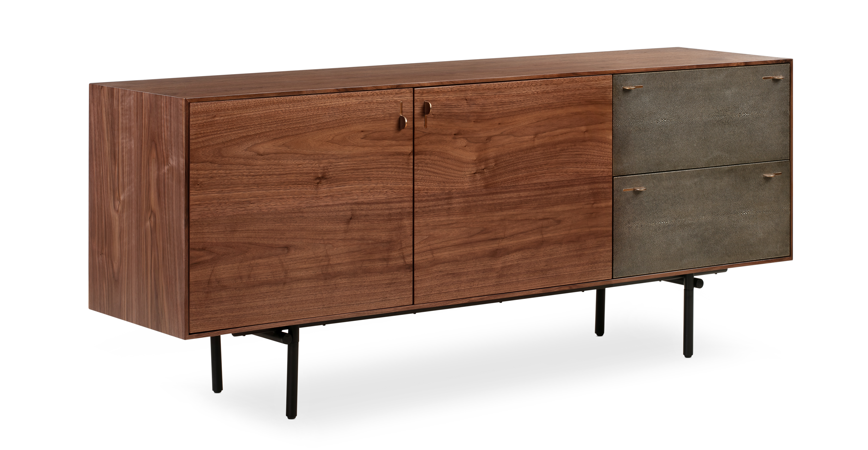 The Thrive Side Board cabinet uses walnut wood in all areas except for two olive gray leather pull-out drawers on the right. Those drawers each have two brass handles that are used to open the drawers. The left of the cabinet has two doors with brass inserts as a handle. The frame is black metal tubing and has black tubing on its four feet. 