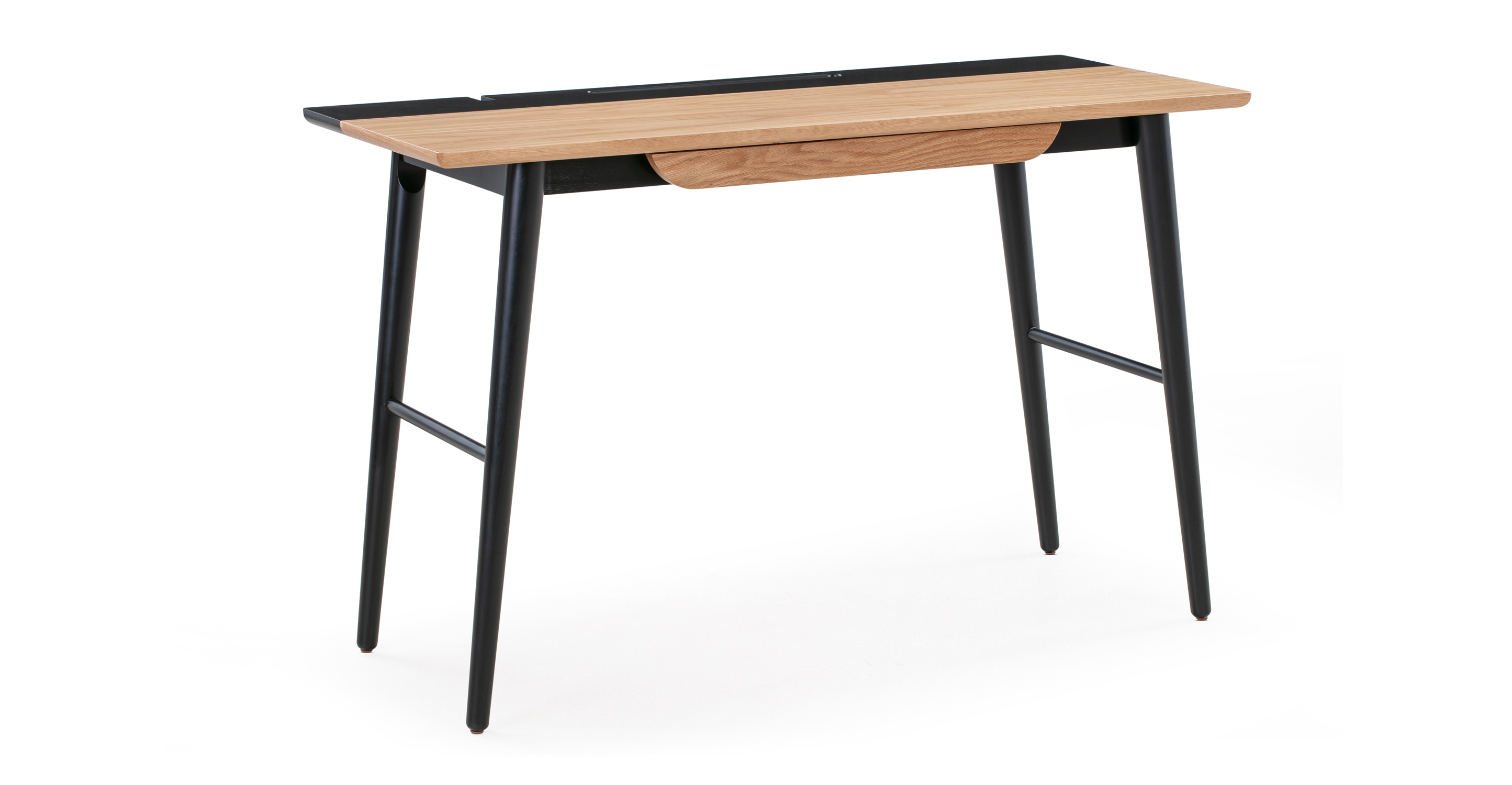 Oak table-top with four, black, slightly angled, legs. The legs have cross supports connecting the two ends which provides support but could also be used to hang items from. The desk has a single narrow profile drawer that will work for desk supplies like pens, rulers, etc. There are indentations and notches on the back to give space to cables or supplies like pens etc. 
