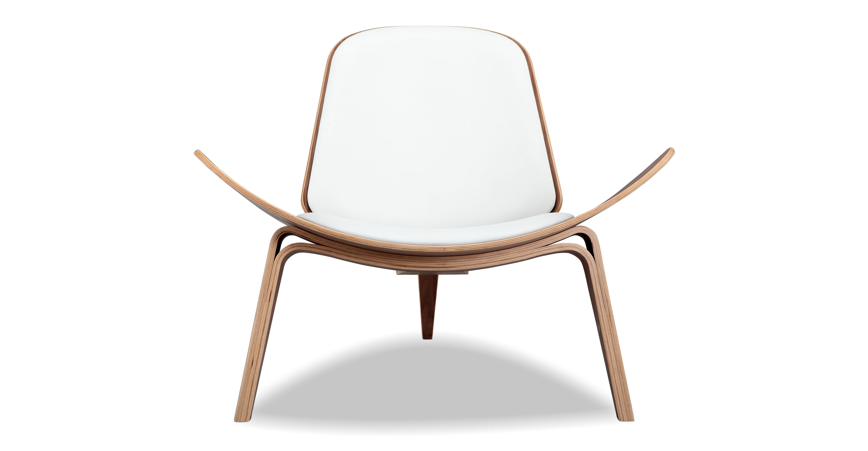Tripod Lounge Chair in white leather upholstery. The chair has Walnut frame and legs. The chair has fixed cushions. The chair's seat curves upward on the sides, with a visible layer of bent plywood. The plywood is also use and the back and the three bent plywood legs. 