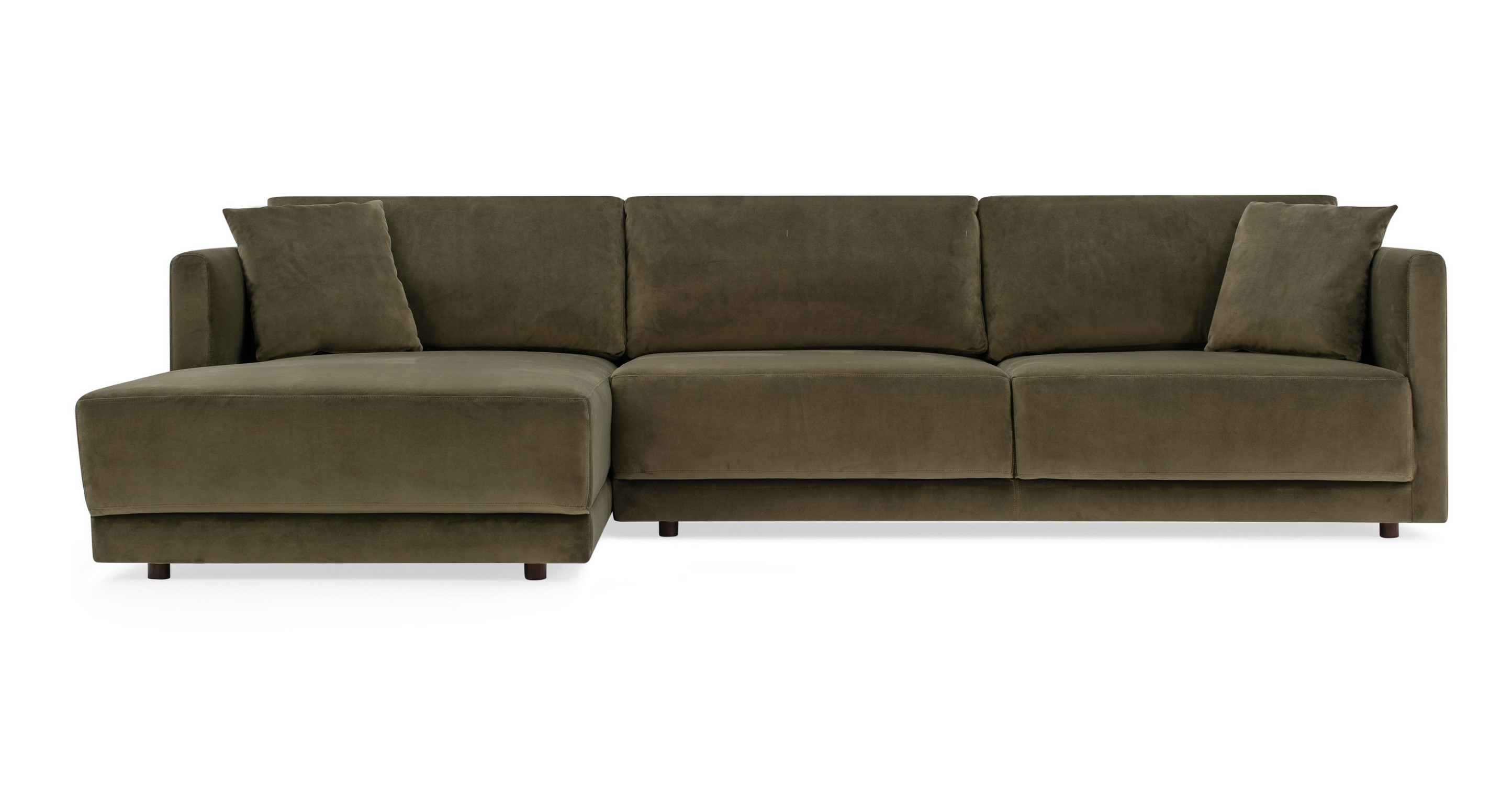 Sage Domus left sectional is a floor sectional with a chaise on the left (when facing the sectional) and a sofa option on the right. This sofa has removable back cushions, low profile arms, and is 100% upholstered. The sofa is floor based and 100% upholstered. This item can be used alone or added as part of the Domus series. The style is modern and minimalist.