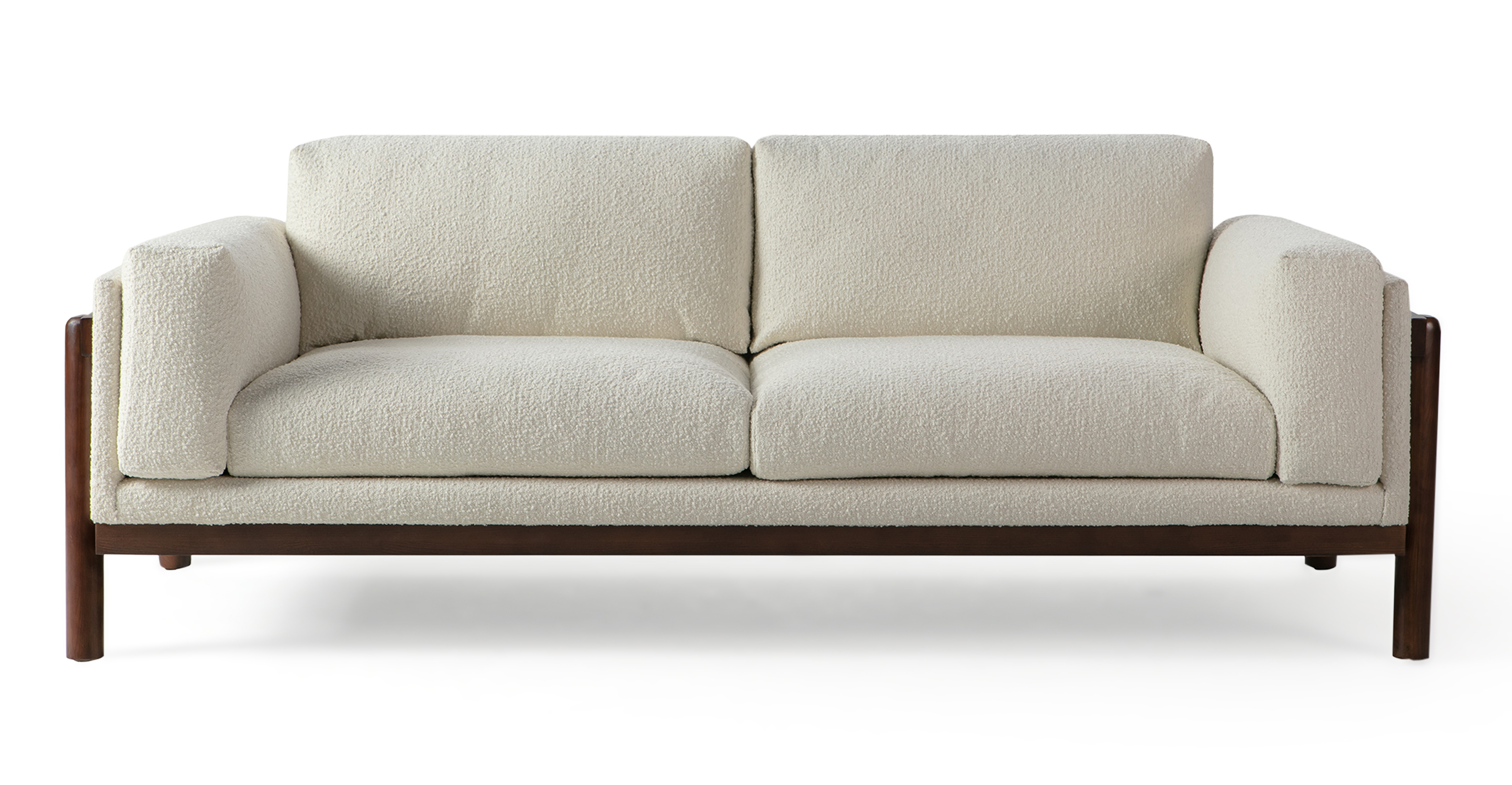 Cream Nordic has a raised exposed walnut wood frame and an inner base, arm, and back lining in leather. The arms, 2 seat cushions, and 2 back cushions are in fabric. The look is comfortable, relaxed, and modernly Scandinavian.