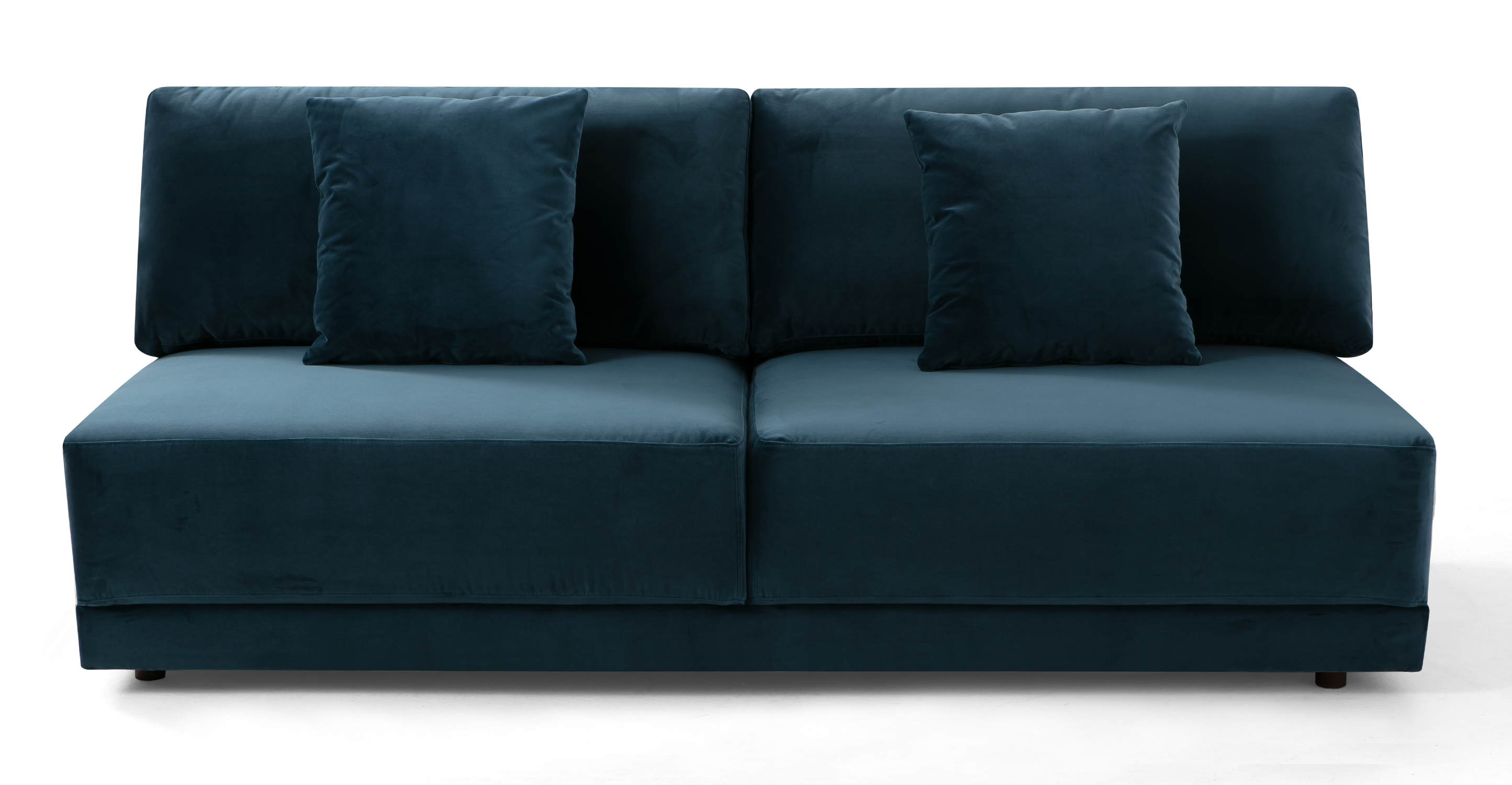 Petrol Domus armless sofa, has two fixed large seat cushions. There are two back cushions and two throw cushions. The sofa is floor based and 100% upholstered. This item can be used alone or added as part of the Domus series. The style is modern and minimalist.
