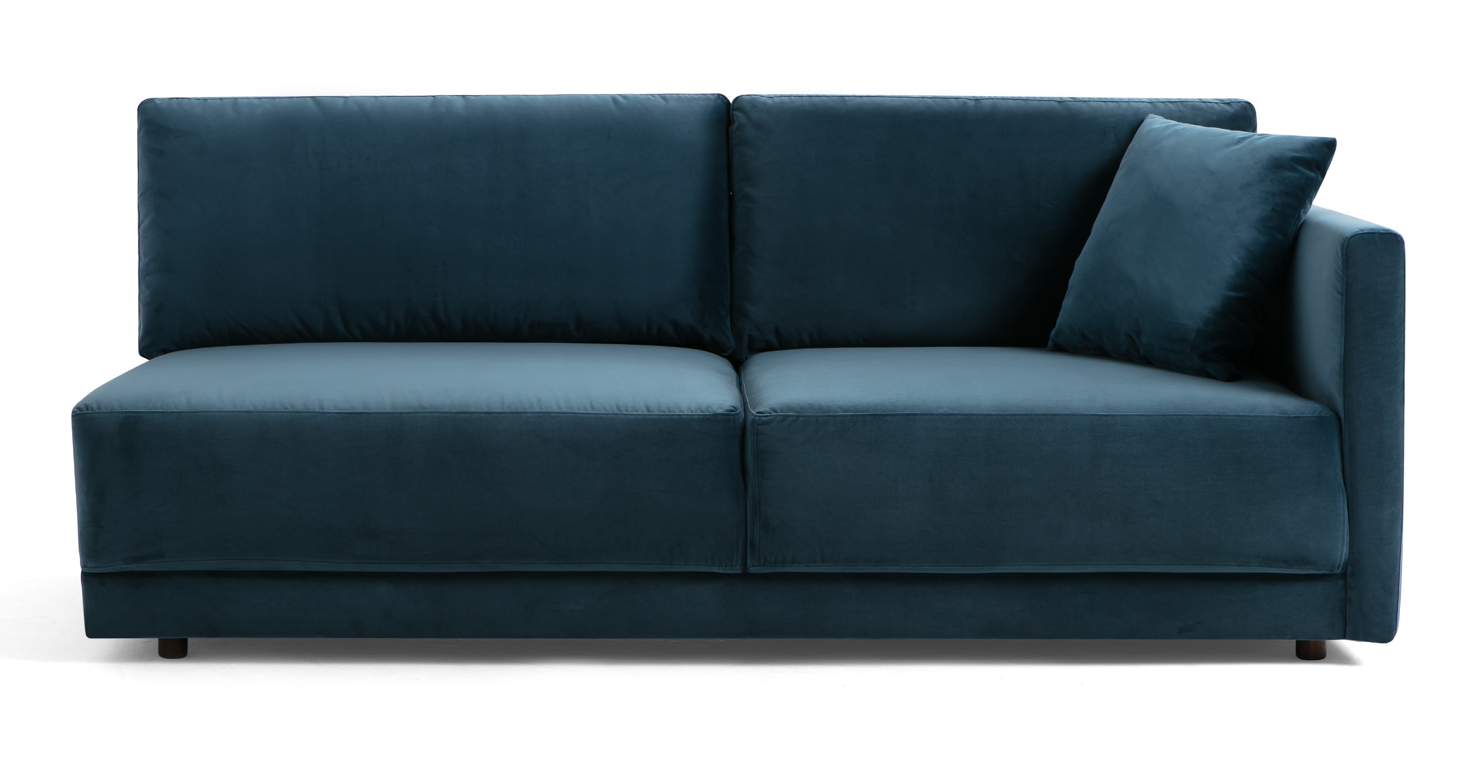 Petrol Domus Right Arm Sofa has one straight arm on the right when facing, two back cushions, two fixed seat cushions, and one throw. This item can be used alone or added as part of the Domus series. The Domus is a floor based series, fully upholstered with a thick attached seat cushion. The style is modern and minimalist.