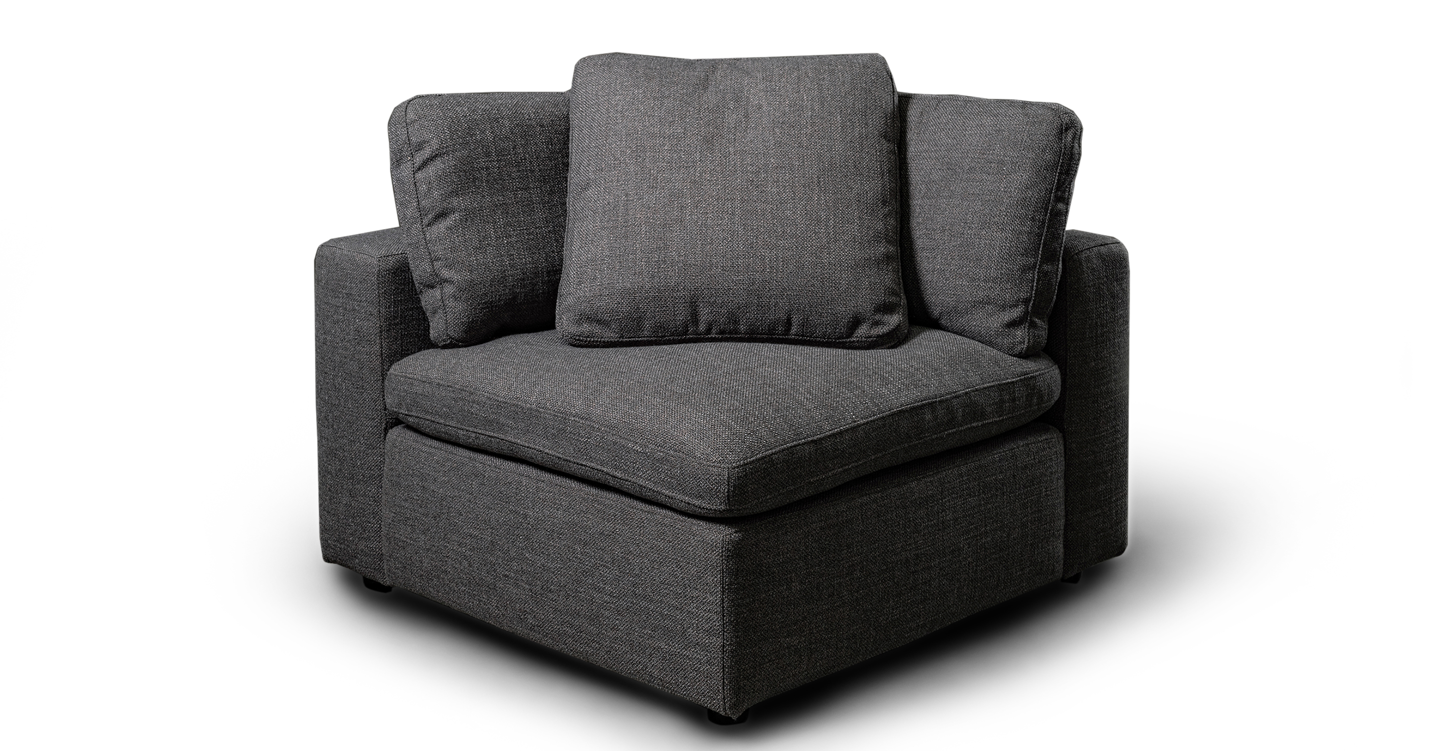 Nest series component Corner chair. Modern corner chair, 100% upholstered, 2 back cushions, 1 throw cushion, and 1 seat cushion.