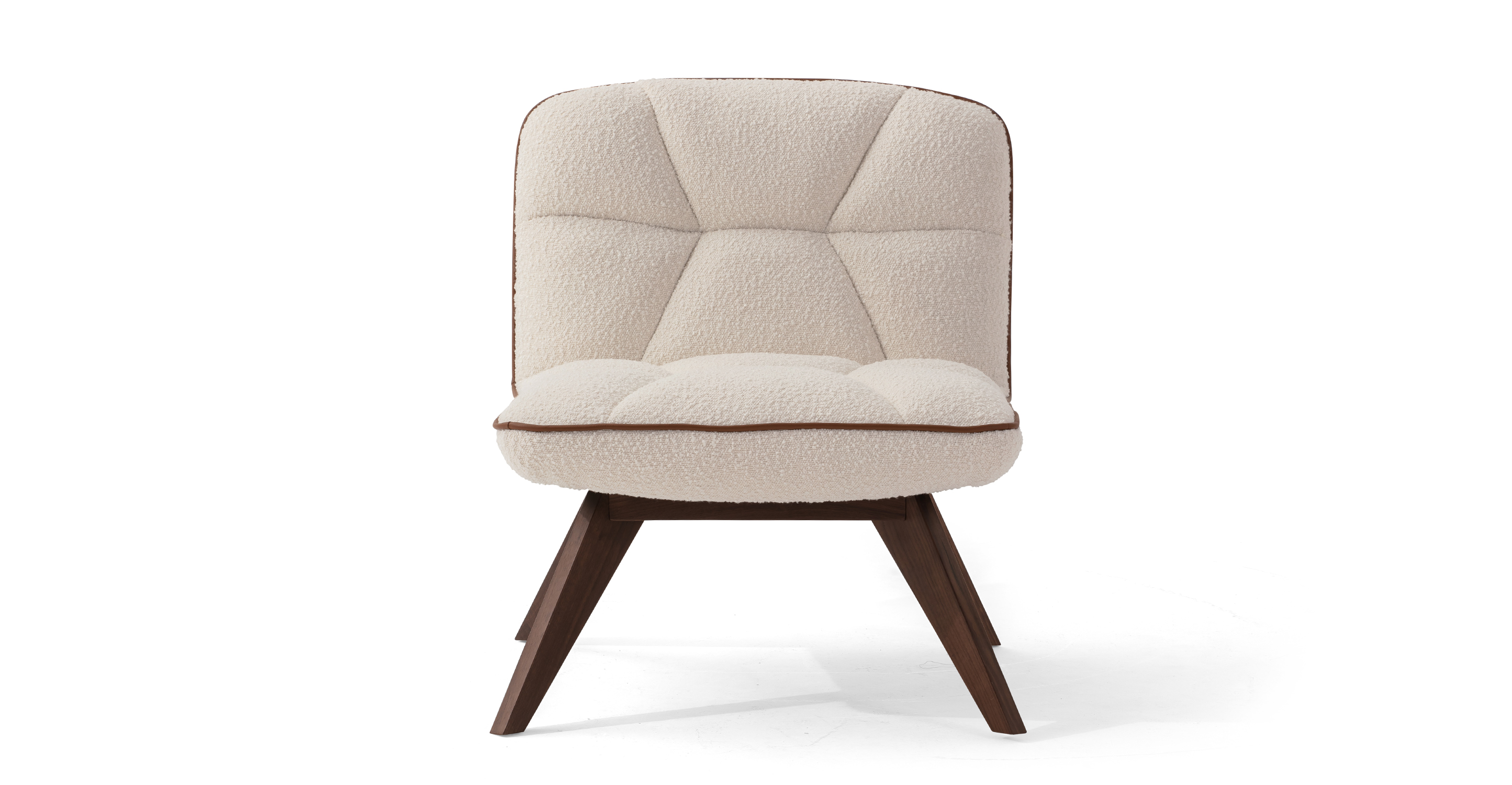The Buckie is a modern chair in white textured fabric. The chair is covered in tufted upholstery from backrest to the seat. The Buckie is an armless chair. The wooden legs are all turned outwards to the floor for a more stability. (Facing front)
