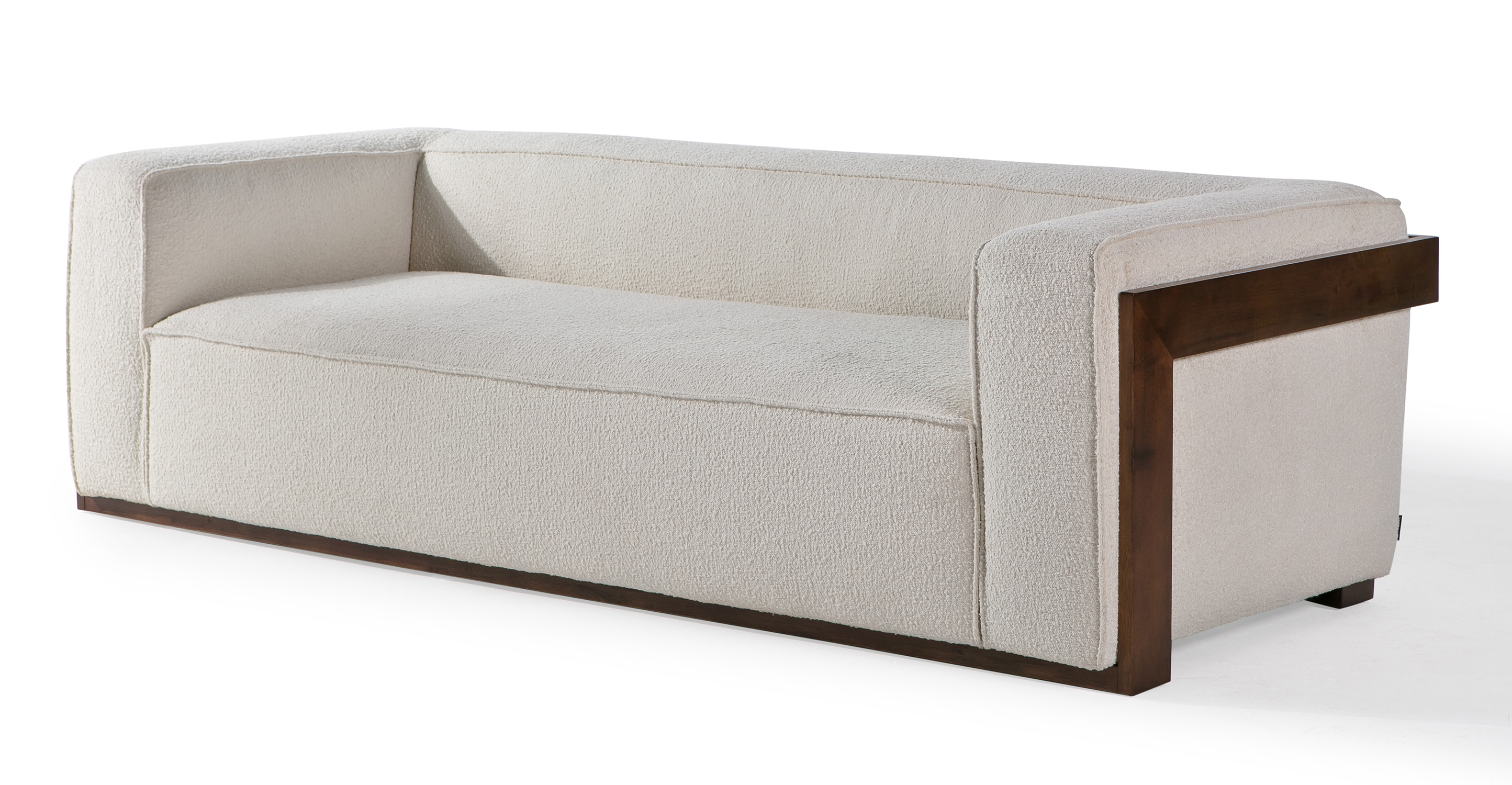 Maddox Cream is a modern sofa with one solid affixed seat cushion and small back cushion. Flat walnut wood arms support the arms and surround the back and under the front. The vibe is fun and modern.